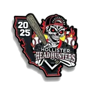 Custom baseball trading pin: California-shaped logo, flaming skull in cap with bat, 2025, baseballs, Hollister Headhunters.