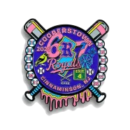 Custom Cooperstown baseball trading pin with bats, baseballs, Royals 2026, bird, ferris wheel, Exit 4, Cinnaminson NJ details.