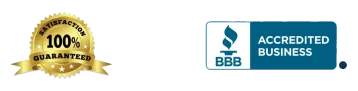 Gold 100% Satisfaction Guaranteed seal and blue BBB badge for quality Cooperstown baseball and hockey trading pins.