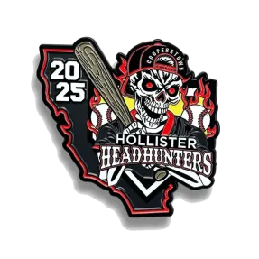 Custom baseball trading pin: California-shaped logo, flaming skull in cap with bat, 2025, baseballs, Hollister Headhunters.