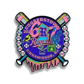 Custom Cooperstown baseball trading pin with bats, baseballs, Royals 2026, bird, ferris wheel, Exit 4, Cinnaminson NJ details.